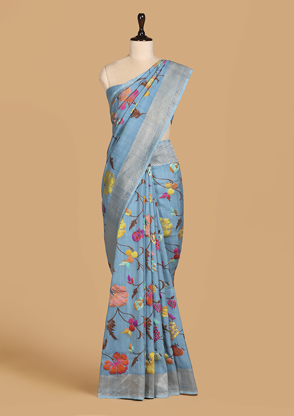 Sky Blue Jaal Saree In Georgette Tussar