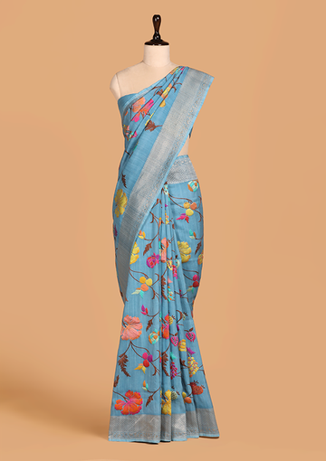 Sky Blue Jaal Saree In Georgette Tussar