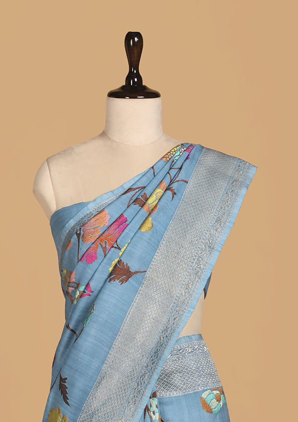 Sky Blue Jaal Saree In Georgette Tussar