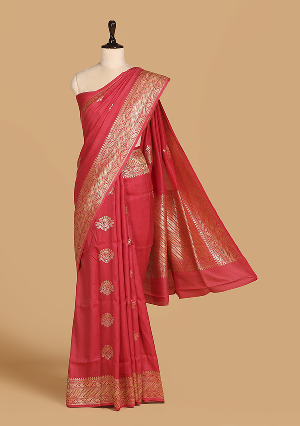 Tomato Red Butta Saree In Georgette Tussar