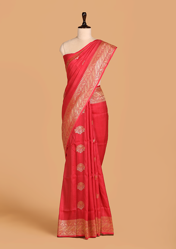 Tomato Red Butta Saree In Georgette Tussar