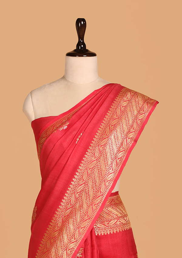 Tomato Red Butta Saree In Georgette Tussar