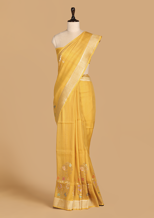 Yellow Plain Saree In Georgette Tussar