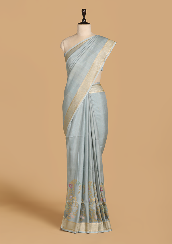 Sky Blue Plain Saree In Georgette Tussar