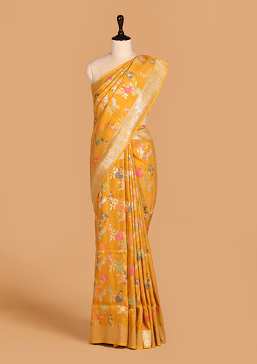 Mustard Jaal Saree In Tussar Georgette