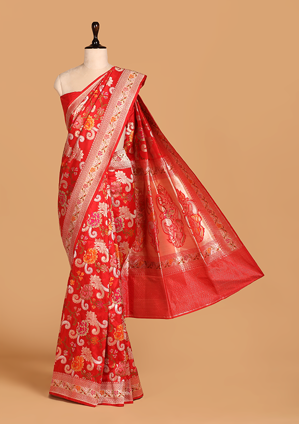 Red Jaal Saree in Silk