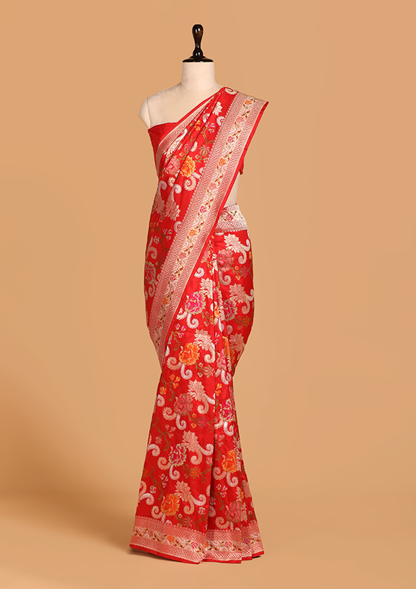 Red Jaal Saree in Silk