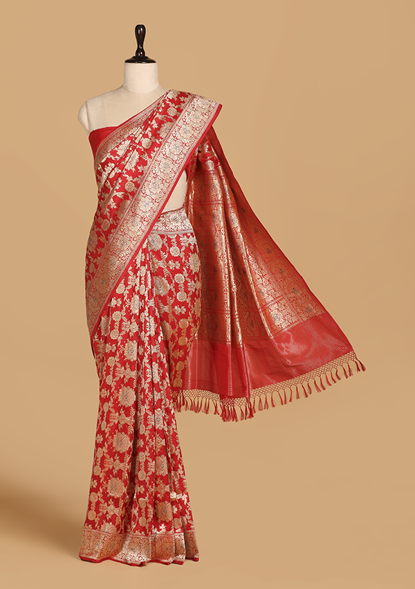 Red Jaal Saree in Silk