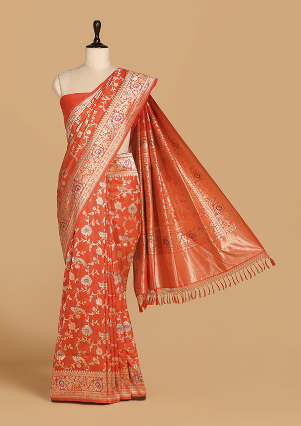 Orange Jaal Saree in Silk