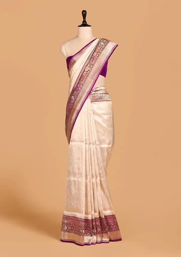 off white brocade saree in silk