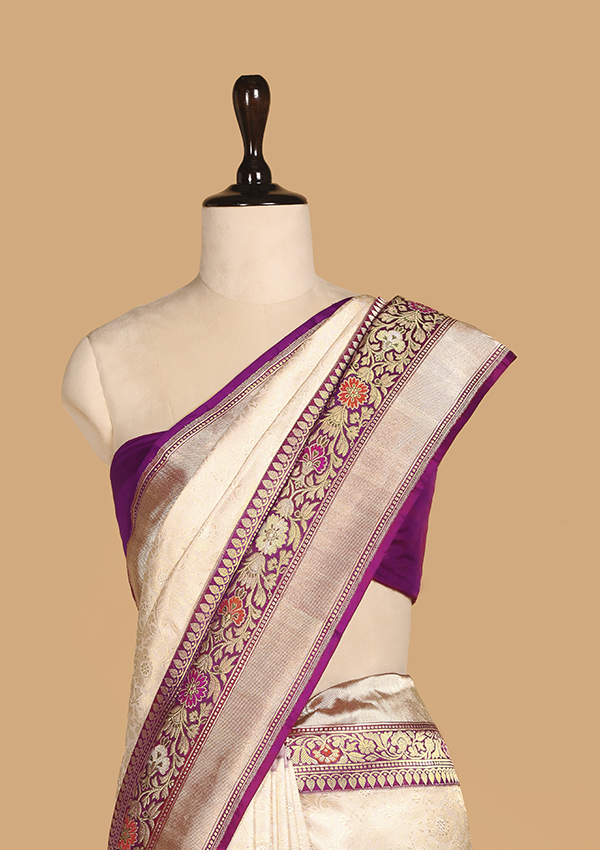 off white brocade saree in silk