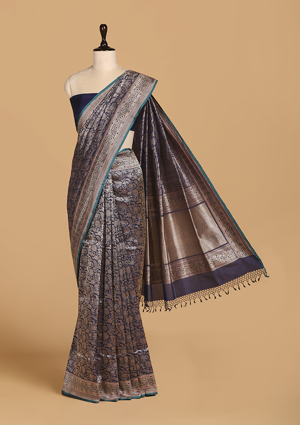 Royal Blue Brocade Saree in Silk