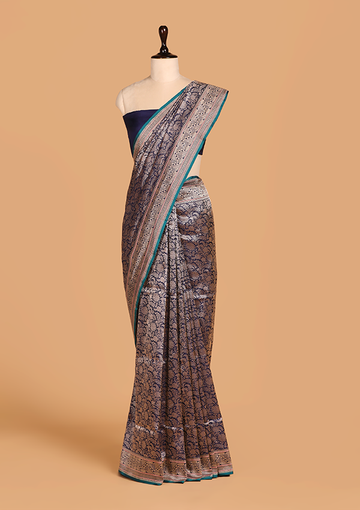 Royal Blue Brocade Saree in Silk