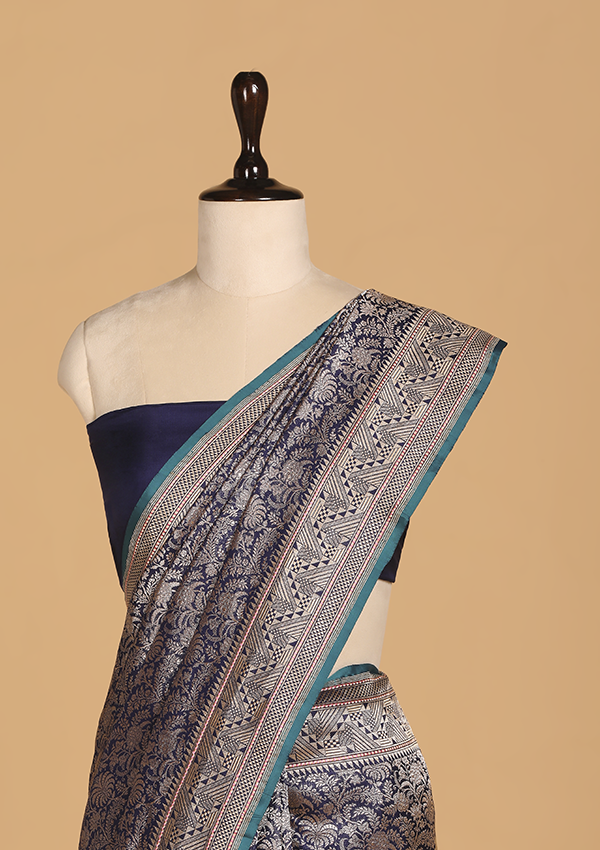Royal Blue Brocade Saree in Silk