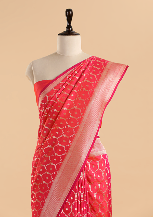 Coral Pink Jaal Saree in Silk