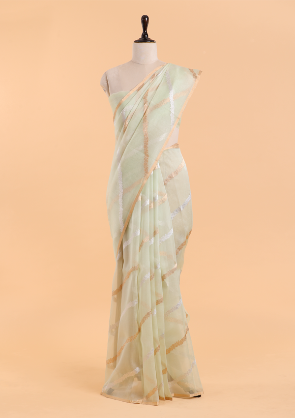Light Pista Green Lehariya  Saree in Kora Silk