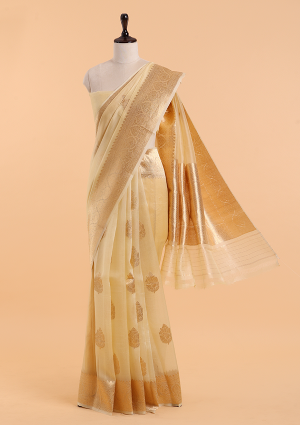 Lemon Yellow Butta Saree in Kora Silk