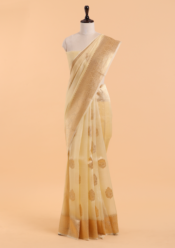 Lemon Yellow Butta Saree in Kora Silk