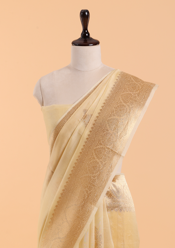 Lemon Yellow Butta Saree in Kora Silk