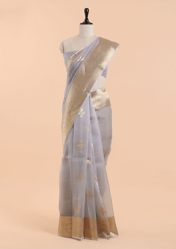 Grey Butta Saree in Kora Silk