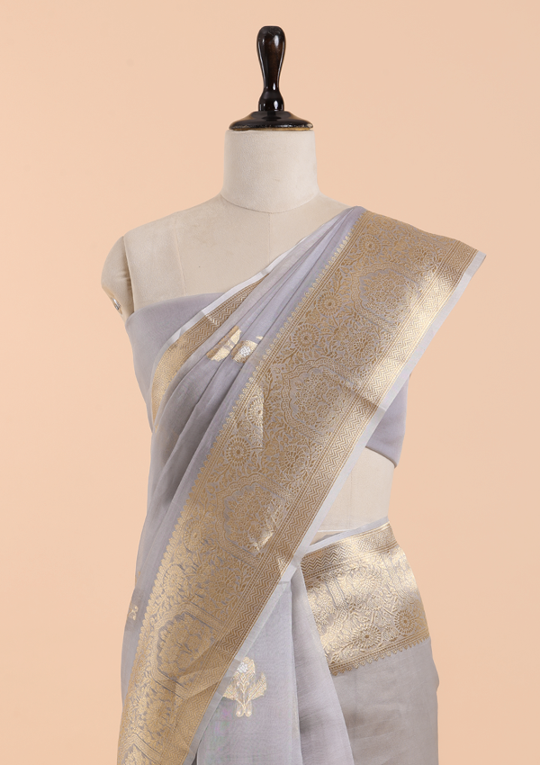 Grey Butta Saree in Kora Silk