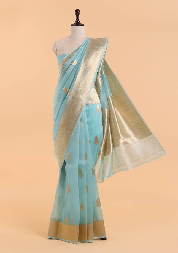 Firozi Butta Saree in Kora Silk