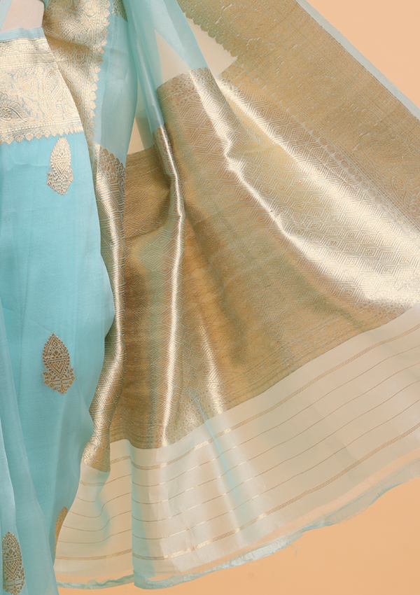 Firozi Butta Saree in Kora Silk