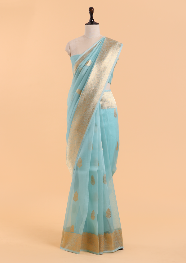 Firozi Butta Saree in Kora Silk