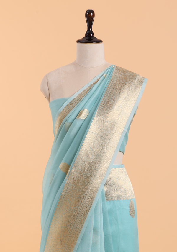 Firozi Butta Saree in Kora Silk
