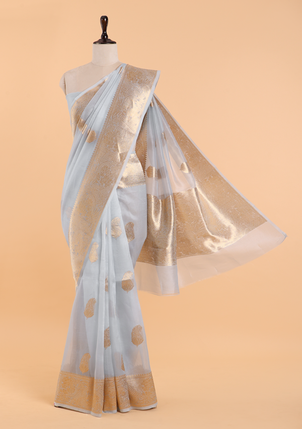 Sky Blue Butta Saree in Kora Silk