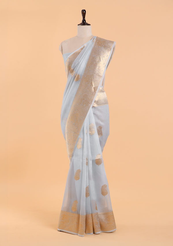 Sky Blue Butta Saree in Kora Silk