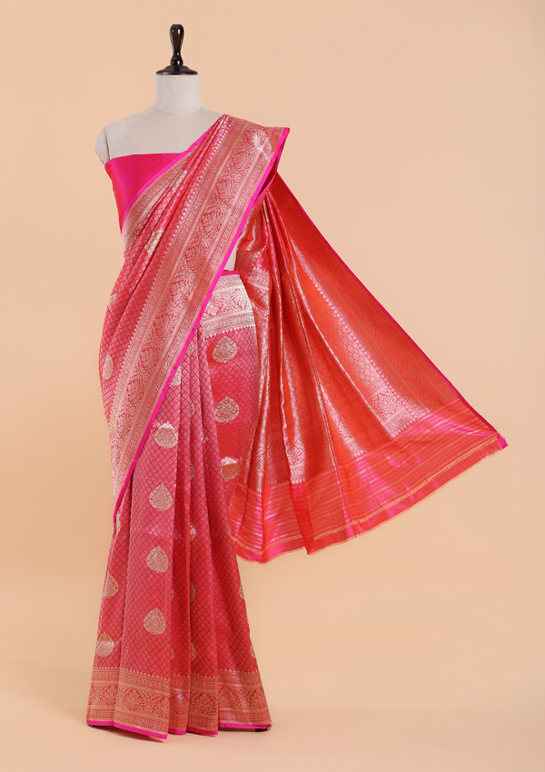 Strawberry Pink Brocade Saree In Silk