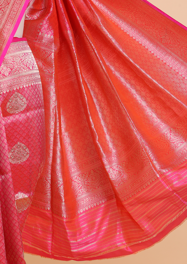 Strawberry Pink Brocade Saree In Silk