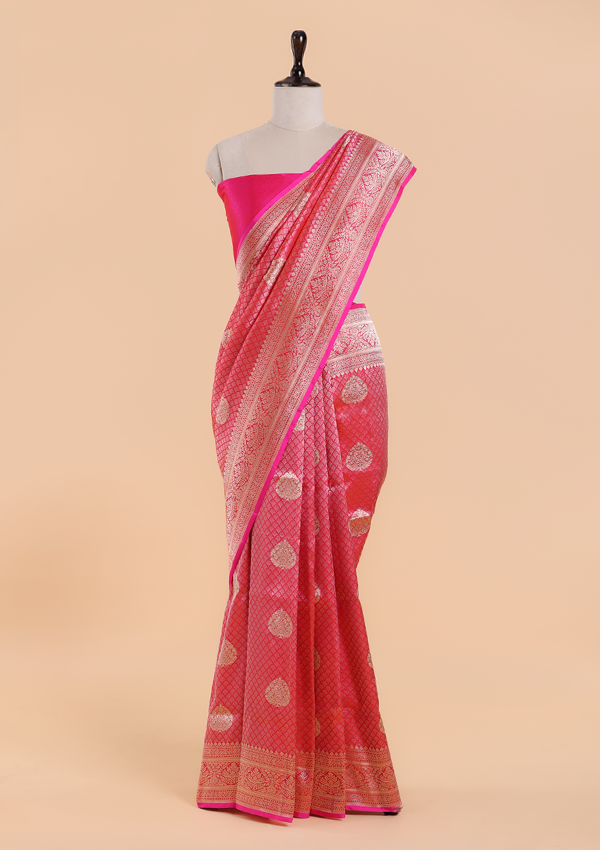Strawberry Pink Brocade Saree In Silk
