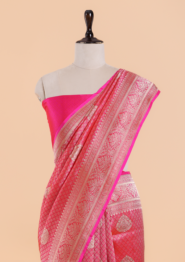 Strawberry Pink Brocade Saree In Silk