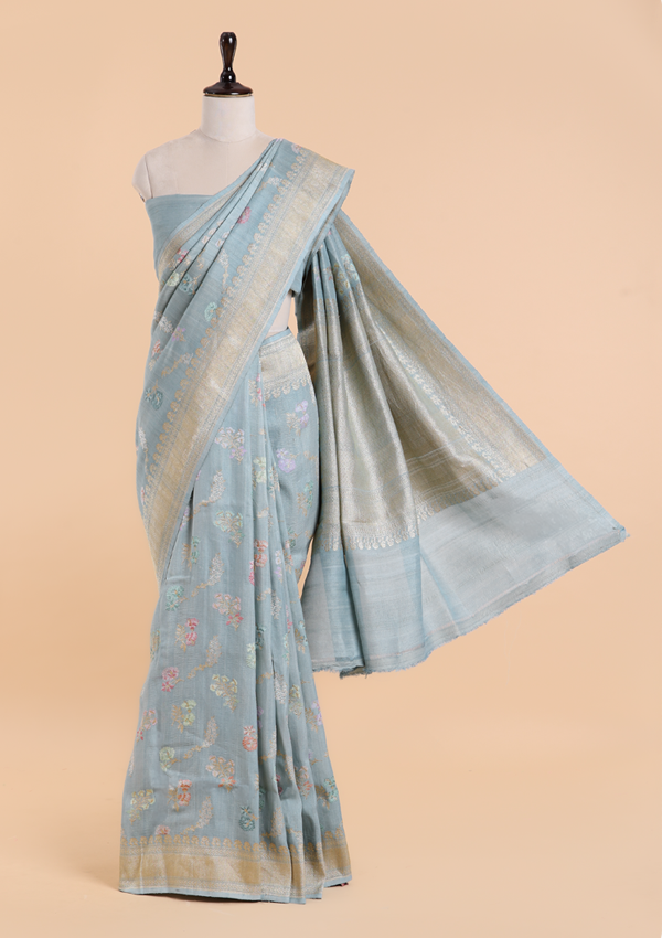 Sky Blue Jaal Saree In Georgette Tussar