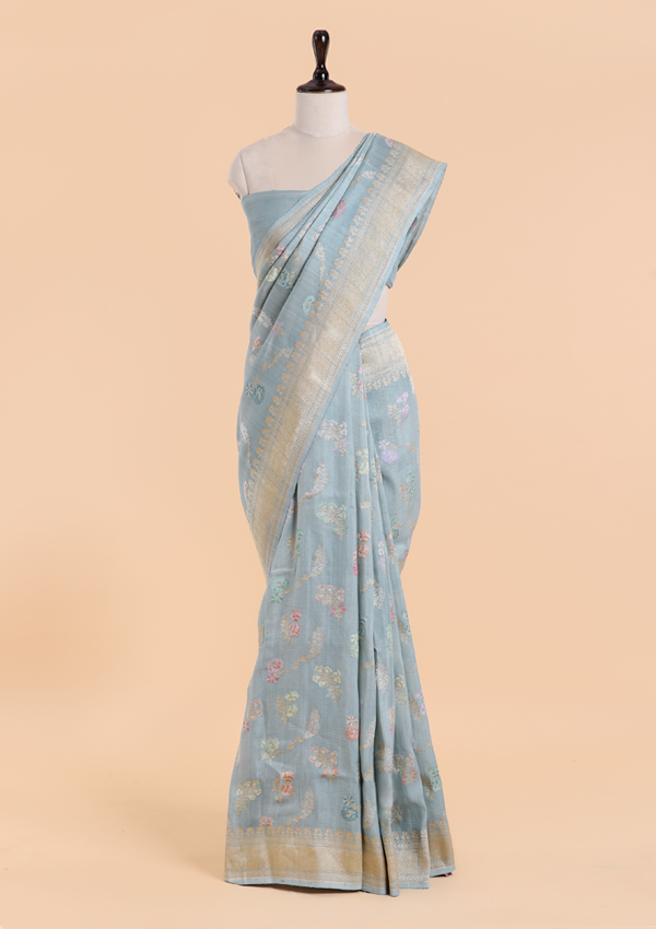 Sky Blue Jaal Saree In Georgette Tussar