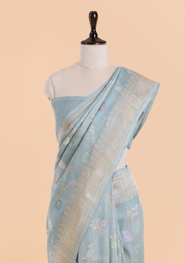 Sky Blue Jaal Saree In Georgette Tussar