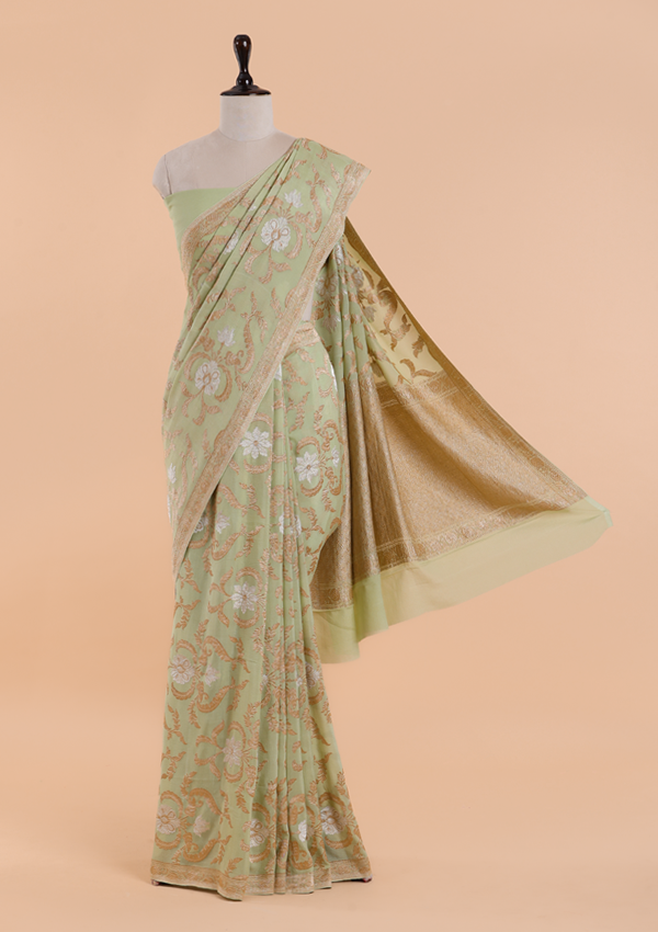 Pista Green Jaal Saree in Georgette