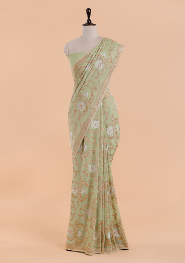 Pista Green Jaal Saree in Georgette
