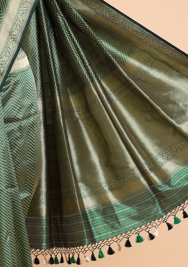 Bottle Green Brocade Saree In Silk