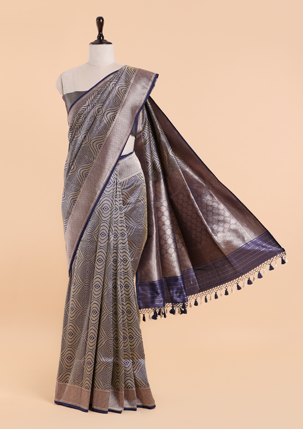 Navy Blue Brocade Saree In Silk