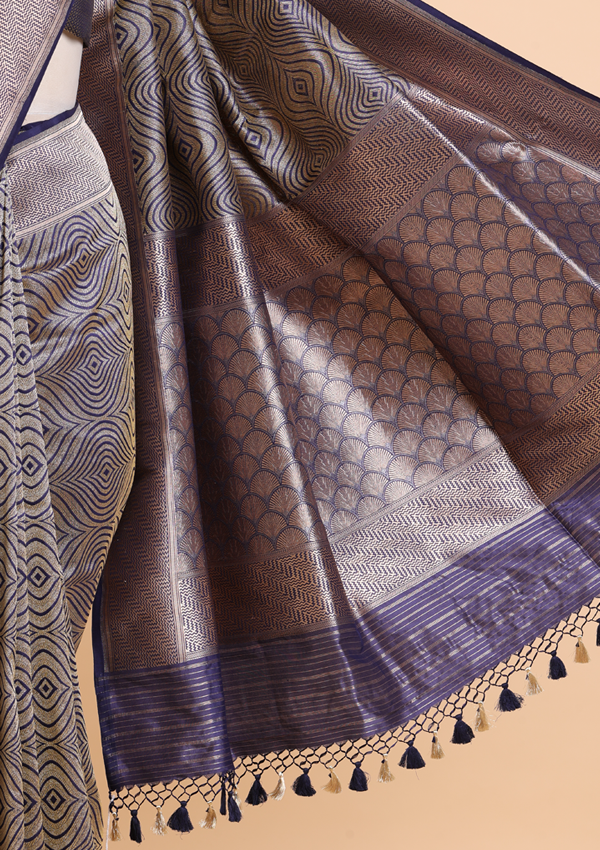 Navy Blue Brocade Saree In Silk