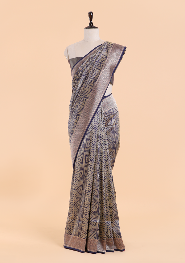 Navy Blue Brocade Saree In Silk