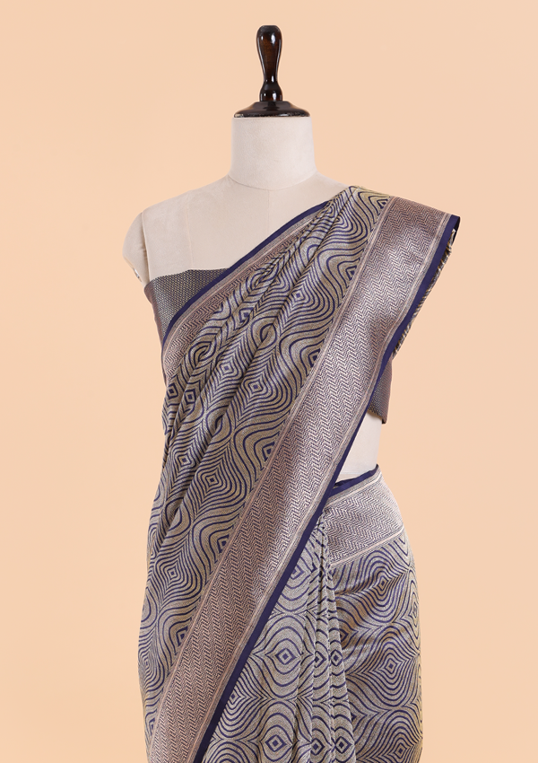 Navy Blue Brocade Saree In Silk