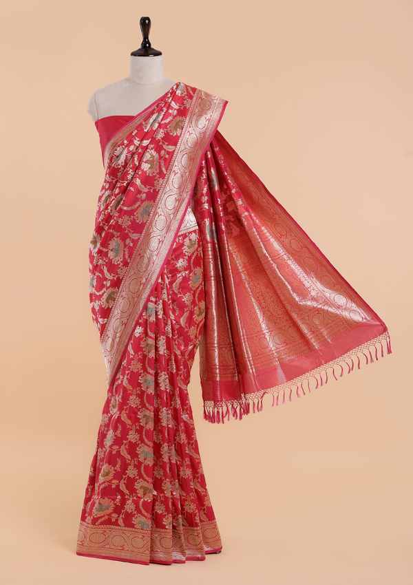 Strawberry Pink Jaal Saree in Silk