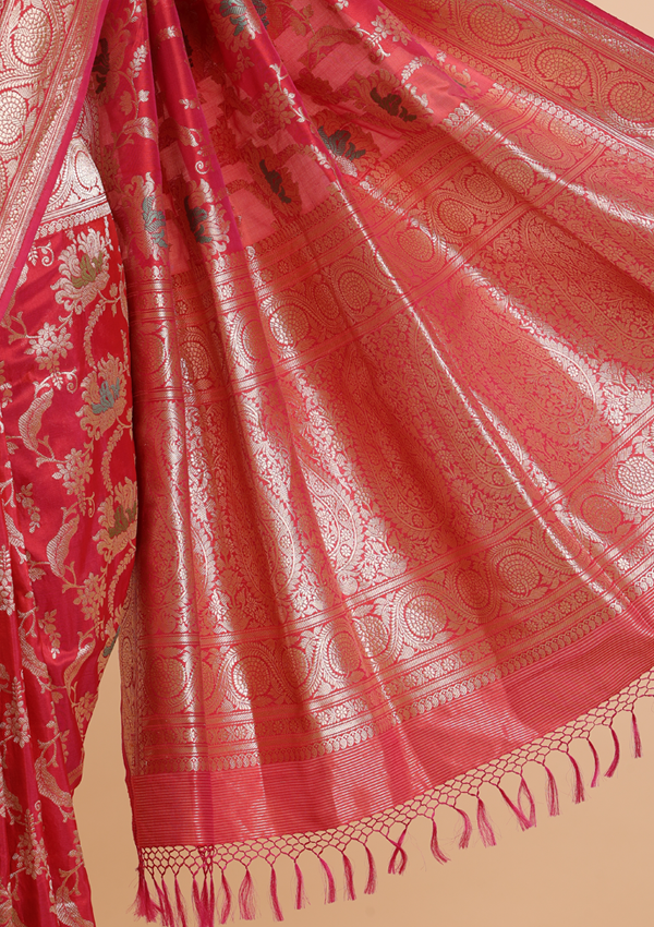 Strawberry Pink Jaal Saree in Silk