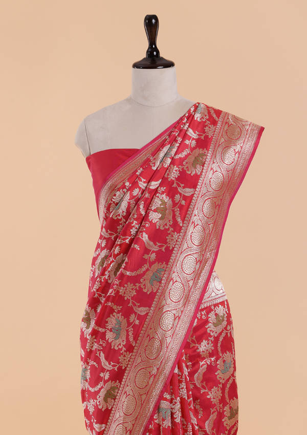 Strawberry Pink Jaal Saree in Silk