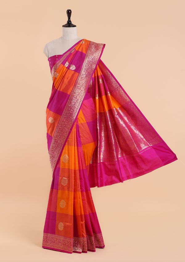 Orange Checks Butta Saree in Silk