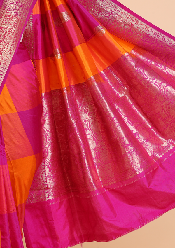 Orange Checks Butta Saree in Silk